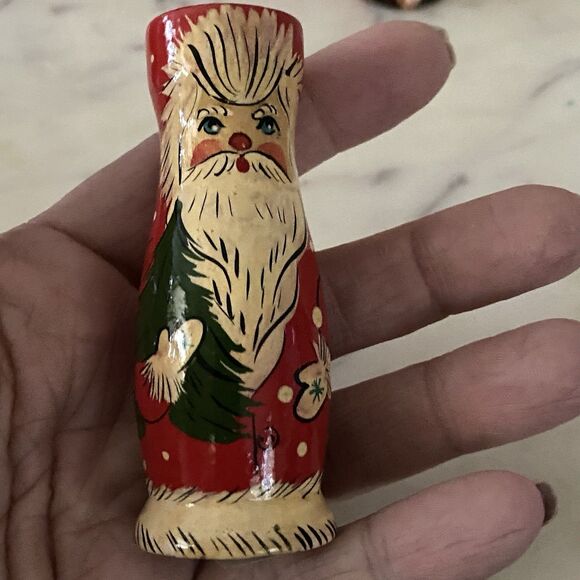Vintage Russian Folk Art Santas 3.25” Wood Christmas Collection Set of 4 - Picture 8 of 9